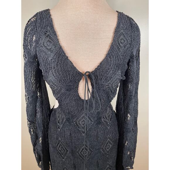 FOR LOVE & LEMONS Aubrey Crochet Fringe Long Sleeve Black Mini Dress Size Small - Picture 5 of 10